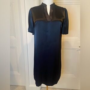 Ann Taylor Black Midi Shift Dress Silk like Size XS Short Sleeve Evening Work